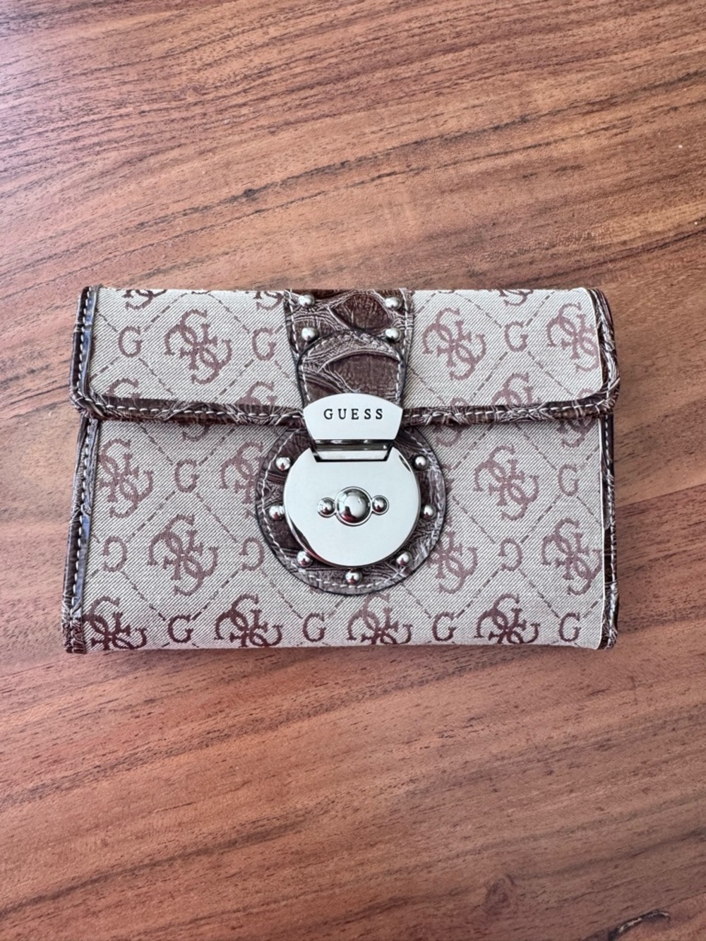Guess Tan and Brown Monogram Wallet with Silver-Tone Lock